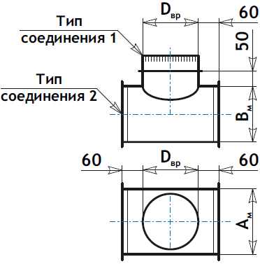 Тройник прямоугольный с врезкой круглого сечения