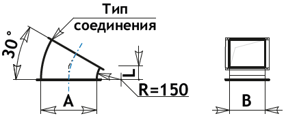 Схема отвод прямоугольный радиусный 30 для вентиляции