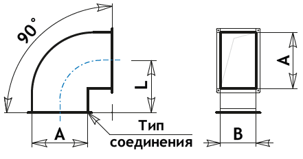 Схема отвод прямоугольный угловой 90 оцинкованный для вентиляции